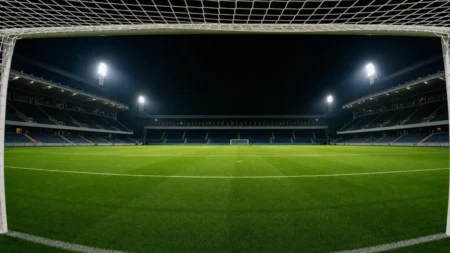 夜のサッカースタジアム、ゴールネット越しに見えるピッチ全景