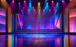 カラフルな照明に包まれた音楽番組のステージとマイクスタンド