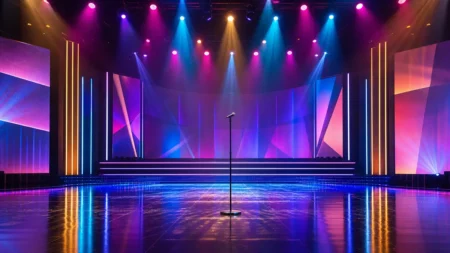 カラフルな照明に包まれた音楽番組のステージとマイクスタンド