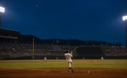 夜の高校野球場で打者が左翼方向へ打球を放つ後ろ姿、満員のスタンド