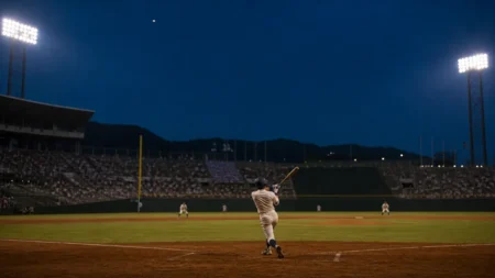 夜の高校野球場で打者が左翼方向へ打球を放つ後ろ姿、満員のスタンド