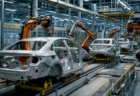 自動車工場の生産ラインでロボットアームが車体を組み立てる写実的な情景