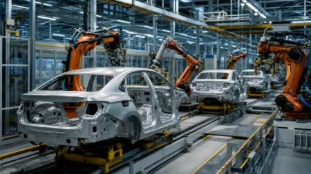 自動車工場の生産ラインでロボットアームが車体を組み立てる写実的な情景