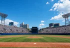 夏の高校野球決勝を思わせる野球場と満員のスタンド、マウンド上の投手の遠景