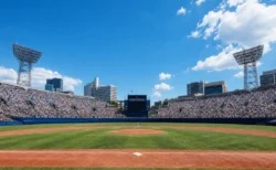 夏の高校野球決勝を思わせる野球場と満員のスタンド、マウンド上の投手の遠景