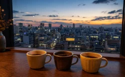東京の高層階から街の夜景を望むカフェの窓辺に3つのコーヒーカップが並ぶ写実的な情景。人物・文字なし