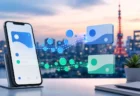 東京の街並みを背景にスマートフォンから二つのデジタルカードへ移るポイント