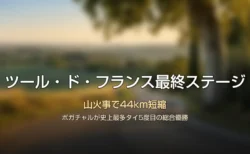 夕暮れの田園地帯を思わせる情景に「ツール・ド・フランス」の文字が入ったタイトルカード