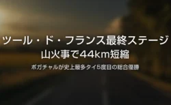 ツール・ド・フランス最終ステージが山火事で短縮されたことを伝えるタイトルカード