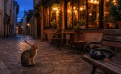 夕暮れの街角に座る猫とベンチに置かれたヘッドホン