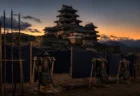 夕暮れの日本の城郭と、陣幕に並ぶ甲冑・槍の写実的な情景。人物・文字なし
