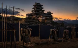 夕暮れの日本の城郭と、陣幕に並ぶ甲冑・槍の写実的な情景。人物・文字なし