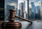 高層ビル群を背景にした裁判用の木槌（ガベル）
