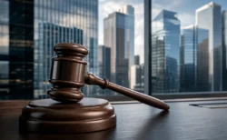高層ビル群を背景にした裁判用の木槌（ガベル）