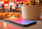 赤とオレンジの温かい照明のファストフード店カウンターで、光るスマートフォンとフライドチキンのバケットが並ぶポップな情景