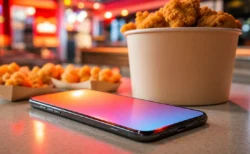 赤とオレンジの温かい照明のファストフード店カウンターで、光るスマートフォンとフライドチキンのバケットが並ぶポップな情景