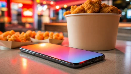 赤とオレンジの温かい照明のファストフード店カウンターで、光るスマートフォンとフライドチキンのバケットが並ぶポップな情景