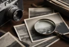 虫眼鏡で古い写真を確認する真贋鑑定のイメージ