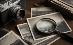 虫眼鏡で古い写真を確認する真贋鑑定のイメージ