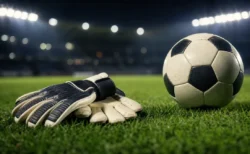 夜のスタジアム照明の下、芝生に置かれたゴールキーパーグローブとサッカーボール