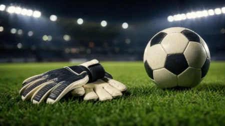 夜のスタジアム照明の下、芝生に置かれたゴールキーパーグローブとサッカーボール