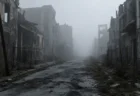深い霧に包まれた廃墟の街並みを写した写実的な情景
