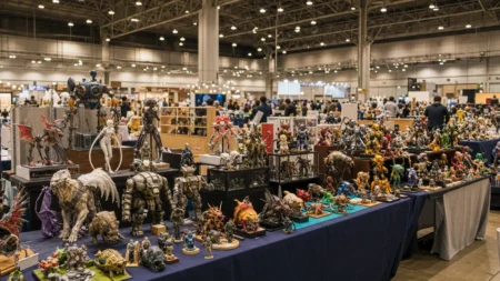 大型展示ホールに色とりどりのガレージキットやフィギュアが並ぶ即売会ブース