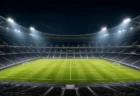 ナイター照明に照らされたサッカースタジアムの夜景