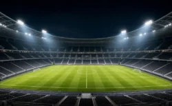 ナイター照明に照らされたサッカースタジアムの夜景