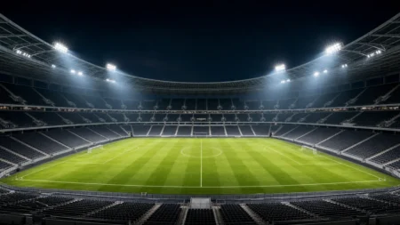 ナイター照明に照らされたサッカースタジアムの夜景