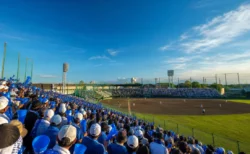 夕方の高校野球場、三塁側アルプススタンドの応援風景