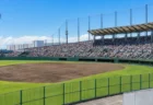 満員のスタンドが見える高校野球のスタジアム、昼間の強い日差しの中のグラウンド