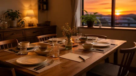 夕暮れの家庭のダイニングテーブルに並ぶ家族分の食器と、便箋とペンが置かれた温かい情景