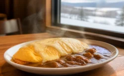木製テーブルに置かれた、とろけるチーズソースがかかったオムレツとカレーの一皿。湯気が立ち、窓の外に雪景色が見える温かみのある情景