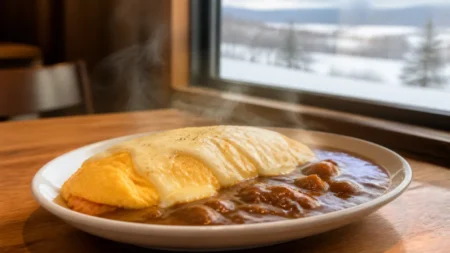 木製テーブルに置かれた、とろけるチーズソースがかかったオムレツとカレーの一皿。湯気が立ち、窓の外に雪景色が見える温かみのある情景