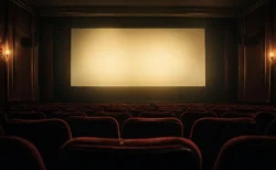 明かりの灯る映画館の客席とスクリーン