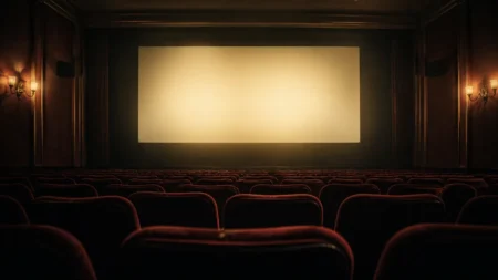 明かりの灯る映画館の客席とスクリーン