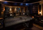 暖色と青の照明に照らされたレコーディングスタジオのコントロールルーム、ミキシングコンソールとスタジオモニタースピーカー