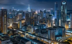 ネオンや窓明かりが灯る近未来的なアジアの大都市の夜景、高層ビル群が立ち並ぶ都市風景
