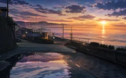 夏の終わりの海辺の街並みと夕暮れ空、不思議で切ない雰囲気のイメージ