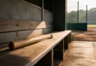 朝の陽射しが差し込む高校野球のベンチに置かれたバット
