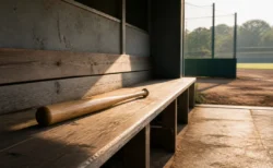 朝の陽射しが差し込む高校野球のベンチに置かれたバット