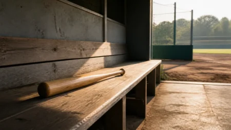 朝の陽射しが差し込む高校野球のベンチに置かれたバット