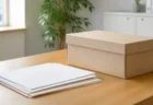 オフィスのデスクに置かれた靴の箱と書類、柔らかい自然光