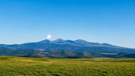 青空の下、緑の草原の向こうに控えめな噴煙を上げる火山の山並み