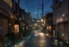 レトロな昭和末期の日本の街並みに幻想的な光が舞う写実的な情景