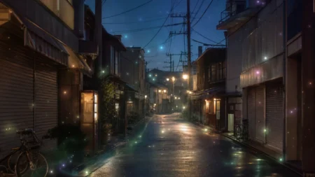 レトロな昭和末期の日本の街並みに幻想的な光が舞う写実的な情景