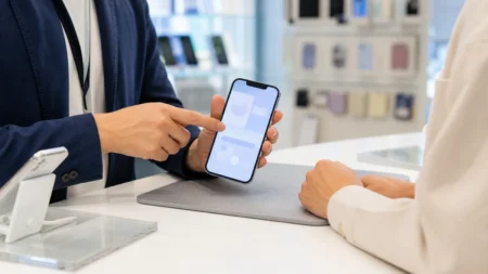携帯ショップでスマートフォンの画面を確認する手元