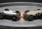 円形バトルアリーナ上で無地の小型電動四輪駆動バトルカー2台が接触し火花が散る写実的な情景