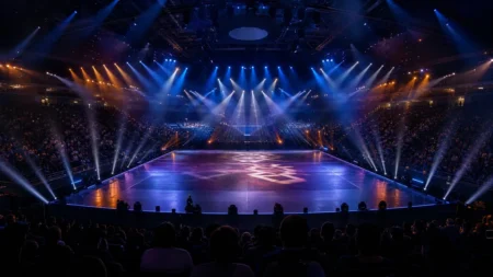 夜のアリーナ会場でカラフルなスポットライトが交錯するダンスステージと観客シルエット